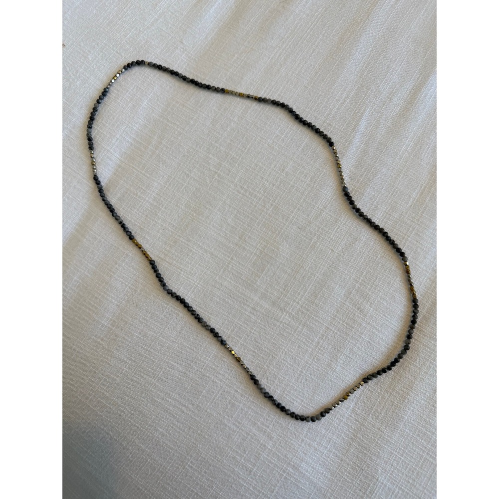 Grey Beaded Long Strand Necklace Gold Silver Faceted Accents Mixed Metal Boho